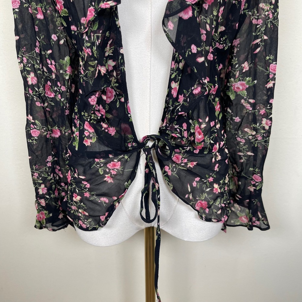 Vintage Paradise Plus Cardigan Women 1X Black Pink Floral Ruffle Tie Front Sheer - Picture 4 of 10